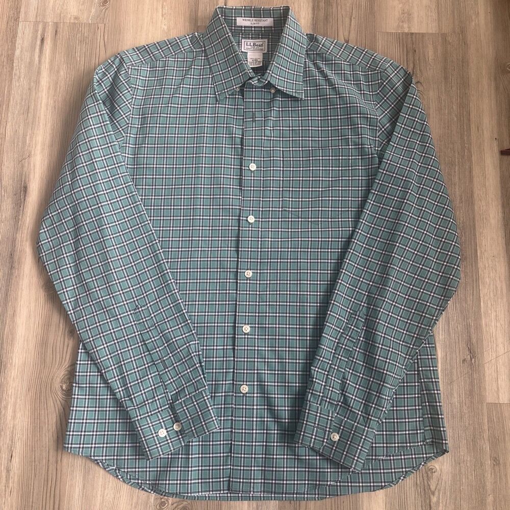LL Bean Men’s Cotton Button Down Dress Work Shirt Wrinkle Resistant Slim Medium